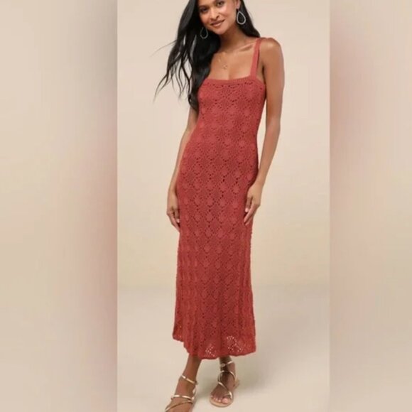 Lulus | Dresses | New Lulus Crochet Knit Midi Dress In Earth Tone Rust ...